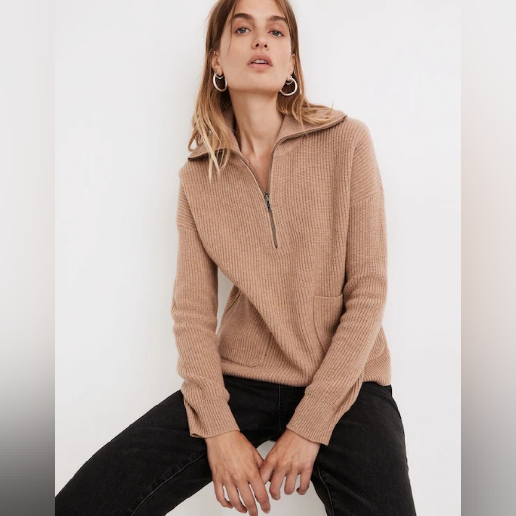 Madewell Glenbrook Half-Zip Pullover Wool Sweater In Camel Tan Size Large